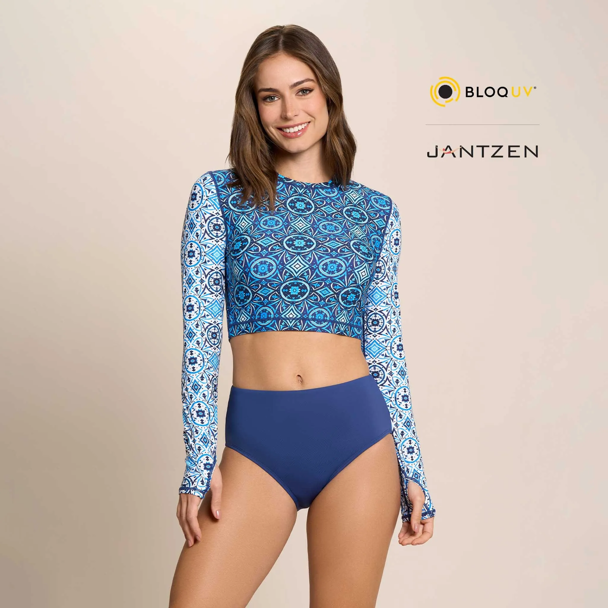 MOROCCAN TILES CROPPED SWIM RASH GUARD TEE TOP