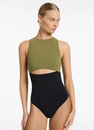 Versa Rib Cut Out High Neck One Piece - Black/Moss